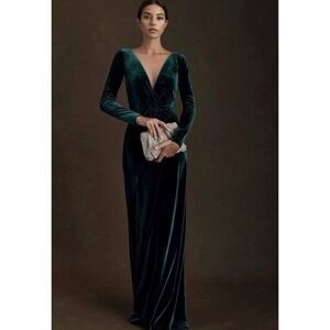 NWT Jenny Yoo Velvet Maxi Dress Ryland V-Neck Long Sleeve Formal Green 14